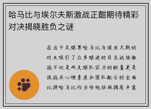 哈马比与埃尔夫斯激战正酣期待精彩对决揭晓胜负之谜