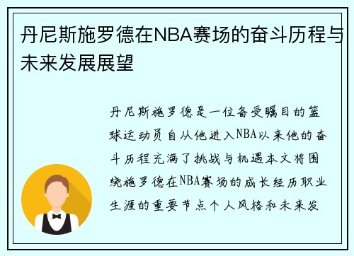 丹尼斯施罗德在NBA赛场的奋斗历程与未来发展展望