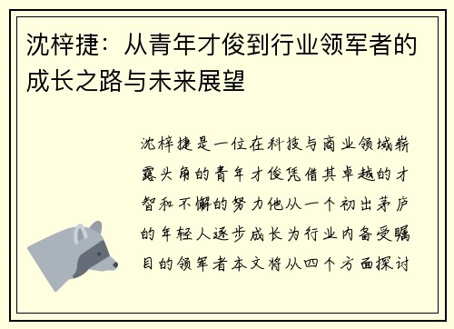 沈梓捷：从青年才俊到行业领军者的成长之路与未来展望