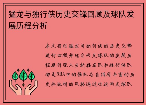猛龙与独行侠历史交锋回顾及球队发展历程分析