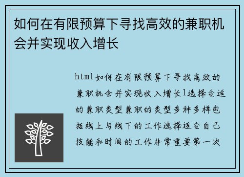 如何在有限预算下寻找高效的兼职机会并实现收入增长