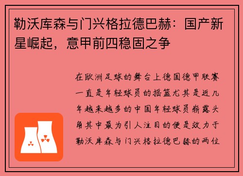 勒沃库森与门兴格拉德巴赫：国产新星崛起，意甲前四稳固之争
