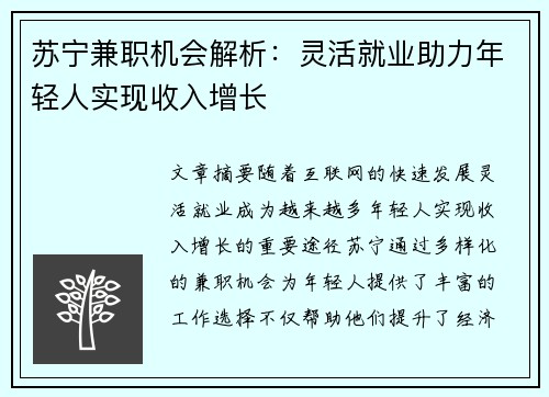 苏宁兼职机会解析：灵活就业助力年轻人实现收入增长