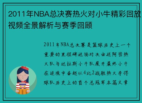 2011年NBA总决赛热火对小牛精彩回放视频全景解析与赛季回顾