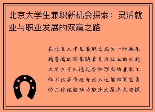 北京大学生兼职新机会探索：灵活就业与职业发展的双赢之路